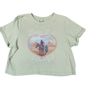 Messy Bun Just Chillin Cowgirl Horse Cactus Graphic Cropped T Shirt Womens M